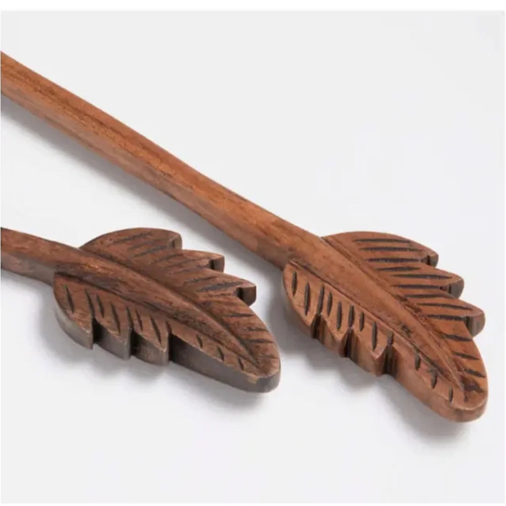 Crate and Barrel Acacia Carved Feather Wood Serving Utensils
